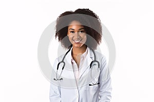 A cheerful, African-American medic grins, representing healthcare and protection, in solitude on a plain backdrop photo