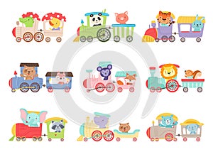 Cheerful African and Forest Animals Riding on Toy Train Vector Illustrations Set