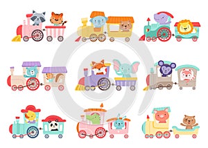 Cheerful African and Forest Animals Riding on Toy Train Vector Illustrations Set