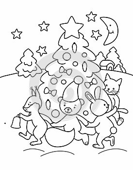 cheerful animals dance around the New Year tree in the forest, for coloring