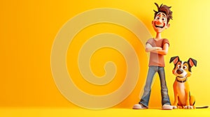 Cheerful Animated Man with Playful Dog on Vibrant Orange Background