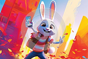 Cheerful Animated Rabbit with Smartphone Exploring the City. Generative ai