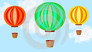 Cheerful animation of aviatic balloon, three balloons soaring on blue sky with white clouds