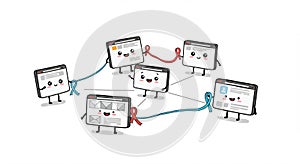 Cheerful, anthropomorphic web browser windows with smiling faces hold colored