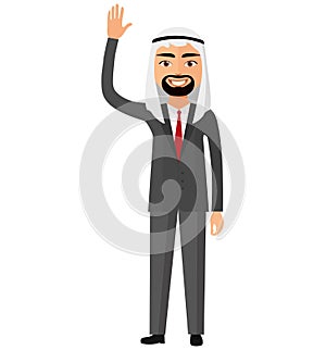 Cheerful arab saudi business man waving her hand vector flat car