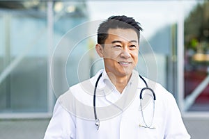 Cheerful asian doctor man smiling on the background of a modern clinic outdoors