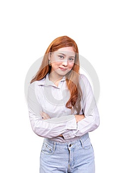 Cheerful Asian woman cross one`s arm, tilting her necks and smiling isolated on white background with clipping path.