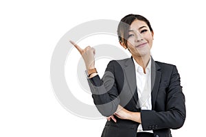 cheerful Asian woman thinking and looking up with high aspirations