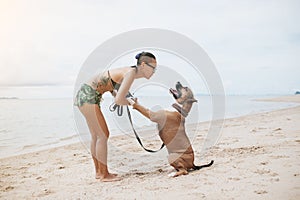 Cheerful asian young woman in eyeglases playing with her dog on the beach