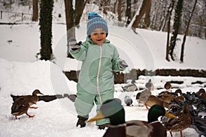 Cheerful baby boy playing with birds at the park in winter