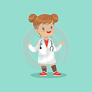 Cheerful baby girl in white medical coat and stethoscope around her neck playing doctor role, flat vector illustration