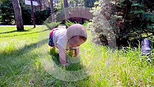 cheerful baby one year old crawls on the grass on camera. Little baby learning to walk