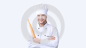 Cheerful Baker Holding Dough Rolling Pin On White Background, Panorama