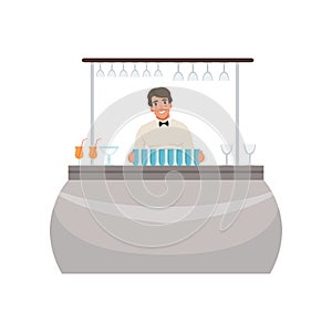 Cheerful bartender at the bar counter, barman character at work cartoon vector Illustration on a white background