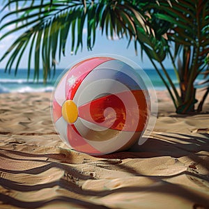 Cheerful beach ball rests on sun kissed sand, epitome of summer
