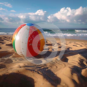 Cheerful beach ball rests on sun kissed sand, epitome of summer