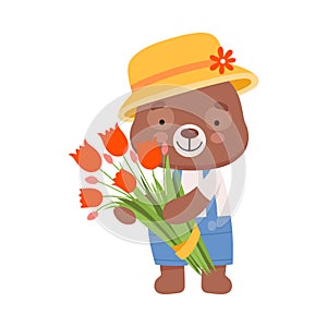 Cheerful Bear Character Wearing Hat and Playsuit Carrying Bunch of Flowers Vector Illustration