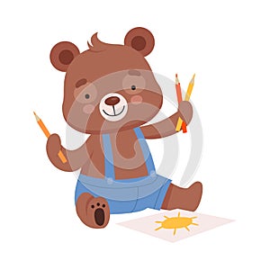 Cheerful Bear Character Wearing Playsuit Drawing Sun with Colored Pencils Vector Illustration photo