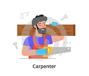 Cheerful bearded male character is enjoing working as a carpenter on white background