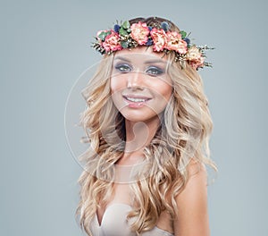 Cheerful Beautiful Woman with Spring Flowers