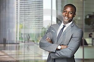 Cheerful big smile from happy executive downtown skyscrapers office workplace