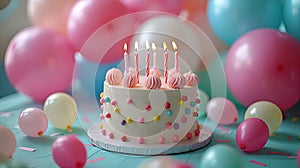 Cheerful Birthday Celebration: Vibrant Balloons, Cake with Candles, and Festive Background