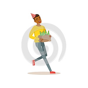 Cheerful black boy carrying box of alcoholic drinks for birthday celebration. Cartoon teenager character with party hat