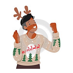 Cheerful Black Man Character In A Cozy Christmas Sweater And A Festive Deer Headband With Antlers Celebrates Holiday