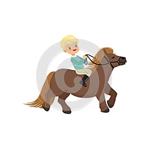 Cheerful blonde little boy riding pony horse, childrens equestrian sport vector Illustration