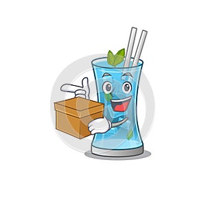 A cheerful blue hawai cocktail cartoon design concept having a box