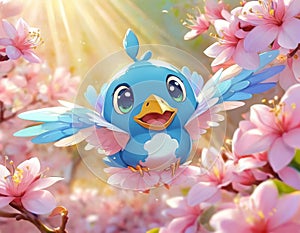 Cheerful Bluebird in Spring Blossoms