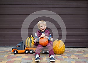 cheerful boy of 5 years old sits on a big toy truck and transports beautiful farm pumpkins to the warehouse