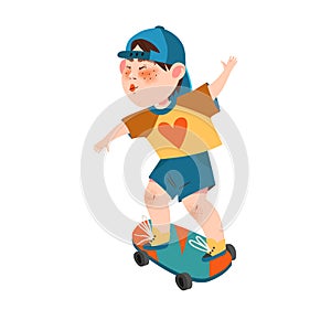 Cheerful Boy Athlete in Cap Skateboarding Outdoor Vector Illustration