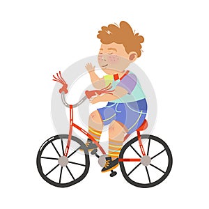 Cheerful Boy Athlete with Freckles Riding Bicycle Vector Illustration
