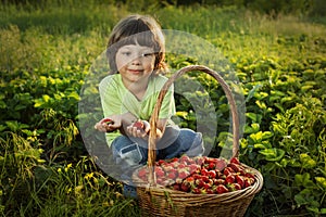 Cheerful boy with basket of berries