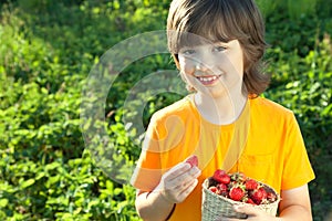 Cheerful boy with a basket of berries