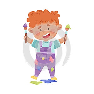 Cheerful Boy in Blotted Clothes Carrying Paintbrush and Paint Vector Illustration