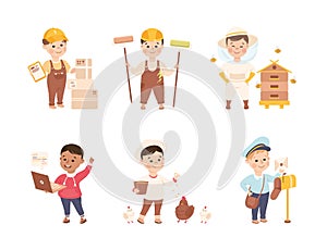 Cheerful Boy Character Depicting Different Profession Vector Set