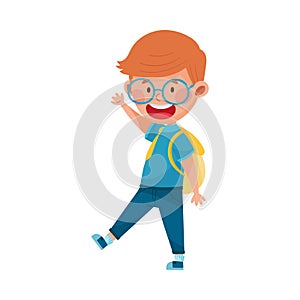 Cheerful Boy Character Wearing School Uniform and Backpack Walking to School and Waving Hand Vector Illustration