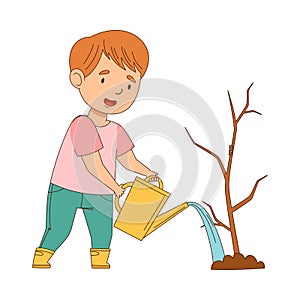 Cheerful Boy Enjoying Spring Season Planting and Watering Tree Vector Illustration