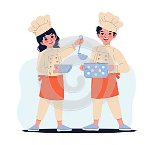 Cheerful boy and girl in chef costume holding pot and plate. Happy kids cooking food. Children in hat and apron