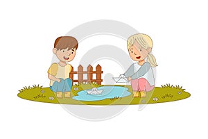 Cheerful Boy and Girl Enjoying Spring Season Playing with Paper Boat Vector Illustration