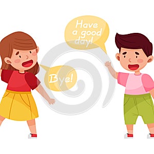Cheerful Boy and Girl Saying Good-by to Each Other Vector Illustration