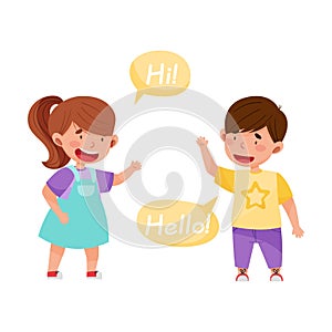 Cheerful Boy and Girl Saying Hello to Each Other Vector Illustration