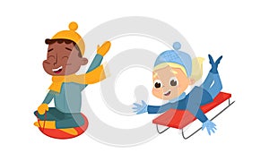 Cheerful Boy and Girl Sleighing and Sliding Downhill Walking and Enjoying Winter Holiday Vector Set