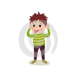Cheerful boy kid character standing with hands up and making faces