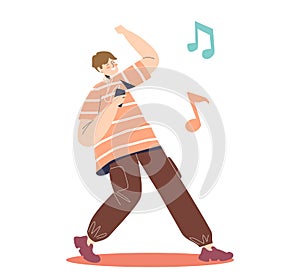 Cheerful boy listen music wearing earphones from mobile phone application or streaming service