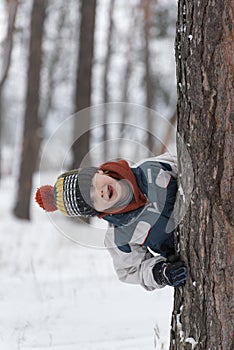 Cheerful boy peeks out from behind tree. Child in knitted hat walks through winter snow-kept park