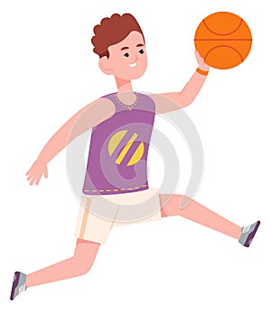 Cheerful boy playing basketball. Active kid with ball