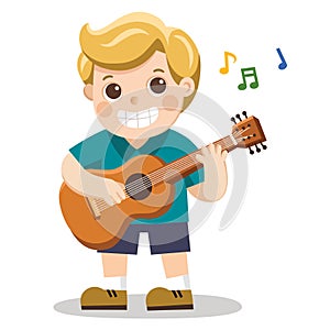 A cheerful boy playing guitar and singing happily.